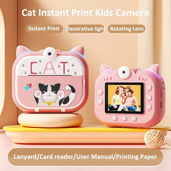 Cartoon Cat Kids Camera Impressão instantânea 1080P Câmera digital infantil com papel de impressão de tinta zero Cartão SD 32G Câmera ideal para crianças de aniversário de Natal para crianças de 3 a 12 anos