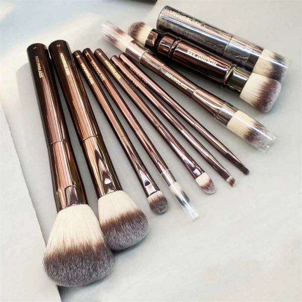 Conjunto de pincéis de maquiagem ampulheta - 10 peças em pó blush sombra vinco corretivo delineador smudger alça de metal bronze escuro ferramentas cosméticas LL