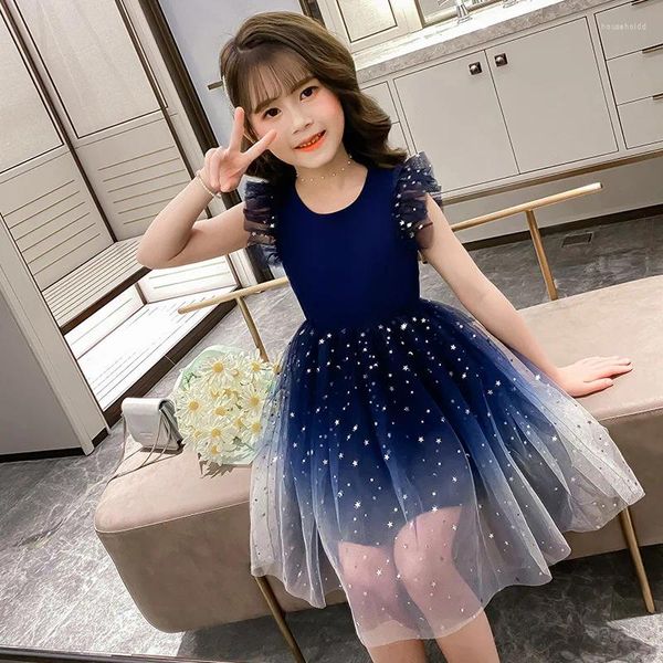 Abiti per ragazza 2024 Estate Teen Princess Bambini Stellato Senza maniche Abiti Vestiti Maglia Strati di pizzo Stella Costume 6 8 9 10 12 14 Anno