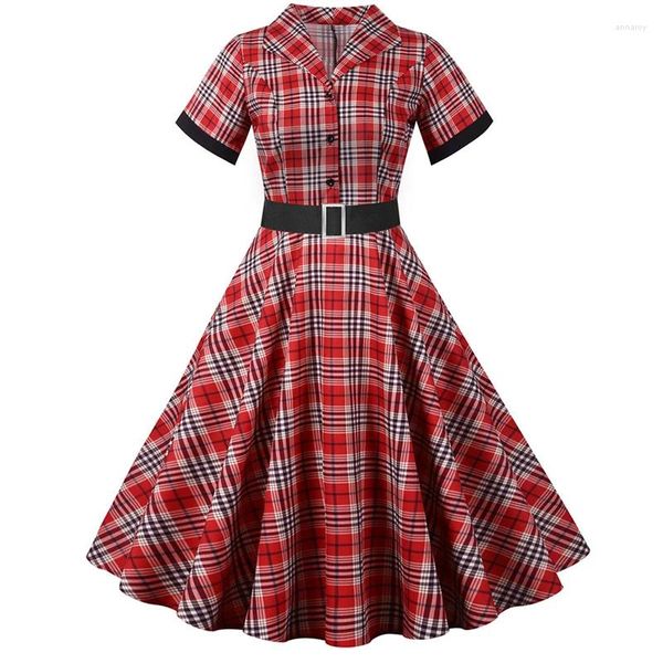 Parti Elbiseleri Tartan Giyim Kadınları Yaz Kısa Kollu Ekose Baskılı Vintage Retro 50s 60'lar Rockabilly Pin Up Patenci Diz Uzunluğu