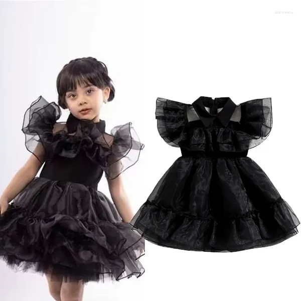 Vestidos da menina focusnorm 3-9y moda meninas vestido de festa de halloween babados manga voadora turn down colarinho renda malha tule