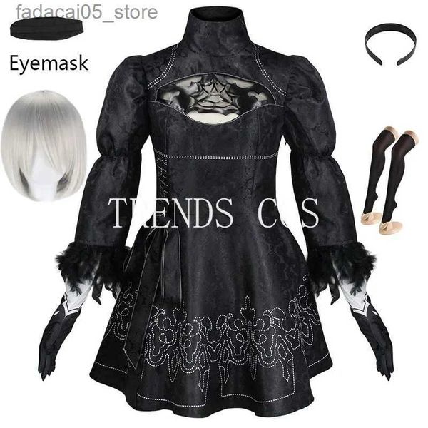 Tema Traje 2B Cosplay Venha Jogo YoRHa No. 2 Tipo B 2B Uniforme Preto Tamanho Grande 2B Vestido com Máscara de Olhos Luvas Q240130