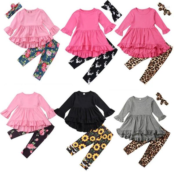 Conjuntos de roupas 1-6y crianças meninas primavera outono roupas bebê alargamento manga longa plissado vestido topos leopardo floral calças leggings outfits