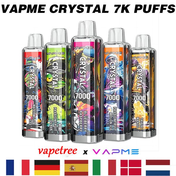 Novo Original Autêntico VAPME CRYSTAL 7000 Puffs Vape Descartável 14ml Dispositivo Pré-preenchido Tipo-C Bateria Recarregável 0.8ohm Bobina 30 Sabores 7K E Cigarros OEM Bem-vindo