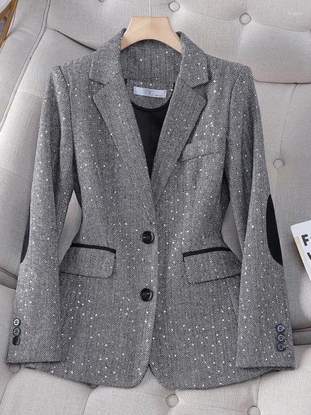 Kadın Suits 2024 Sonbahar Retro Gri Ek Ekose Pullar Blazers Kadınlar İçin Ceket Kahverengi Zarif İş Vintage Bayanlar Takım Ceket Moda
