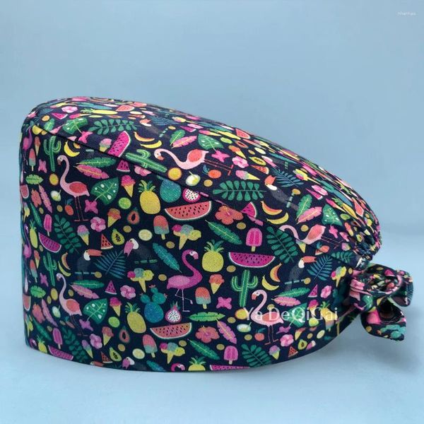 Berretti con stampa cartoon Scrub da allattamento Donna Uomo Berretto con fermacravatta in cotone Estetista Cappello da lavoro Chef Cappellini da cucina