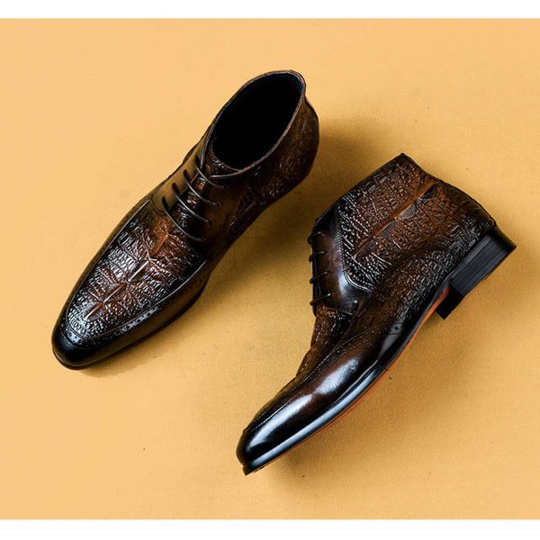 Sapatos de tornozelo masculinos de couro genuíno preto marrom moda rendas até vestido elegante botas com padrão de crocodilo