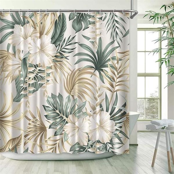 Cortinas de chuveiro tropical vegetação cortina de banheiro verão tecido selva à prova d' água gancho pendurado tela para uso doméstico 224k