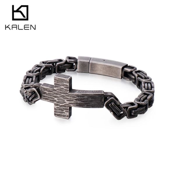 Pulseiras Kalen clássico bizantino elo de corrente pulseira cristã cruz charme pulseiras para homens aço inoxidável bizantino elo de corrente bracele