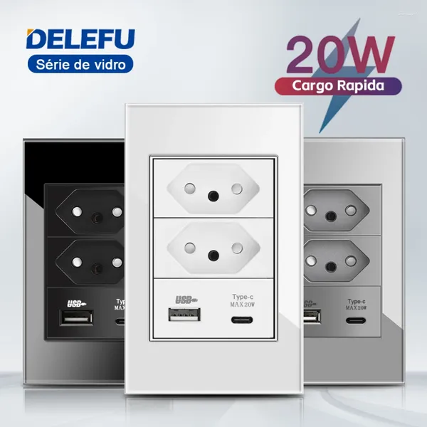 Controle Home Inteligente DELEFU Painel de Vidro Temperado Carga Rápida Tipo C Tomada USB Branco Preto Cinza 118 72mm Tomada de Parede 10A 20A Padrão Brasil