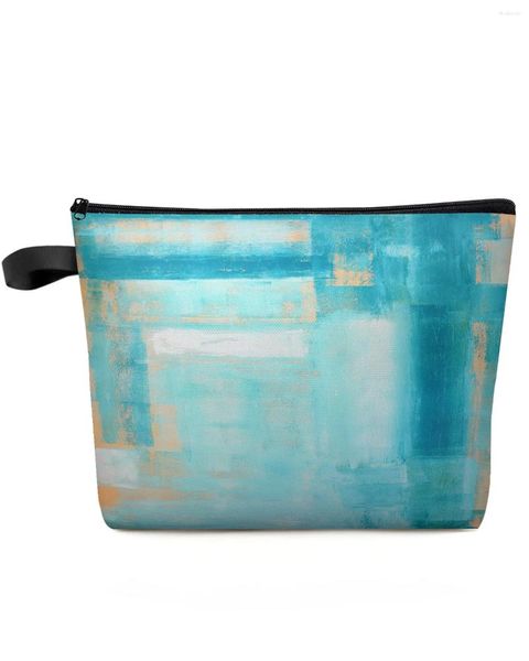 Sacos cosméticos abstrato pintura a óleo geométrica teal maquiagem bolsa bolsa de viagem essencial feminino organizador de banheiro armazenamento lápis caso