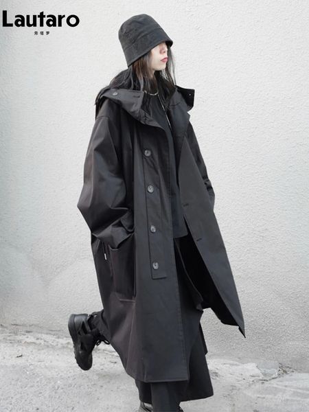 Lautaro Frühling Herbst Langer übergroßer schwarzer Trenchcoat mit Kapuze Dark Academia Ästhetische Luxus-Designerkleidung für Frauen 240124