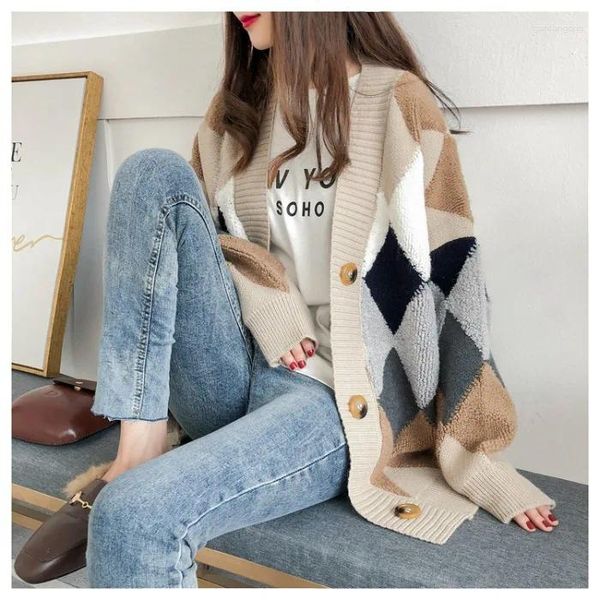 Kadın Örgü Hırka Kadınlar Argyle Vintage Mizaç İhale Bayanlar Bahar Sonbahar V-Neck Tasarım Femme Moda Örme Sweater R579