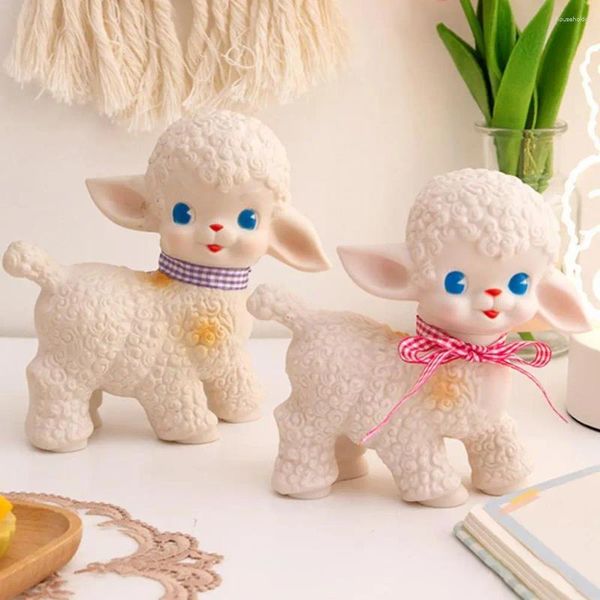 Estatuetas decorativas retro clássico ovelha bonecas brinquedo bonito menina querida decoração rosa fita arco cordeiro decoração para o quarto presente aniversário