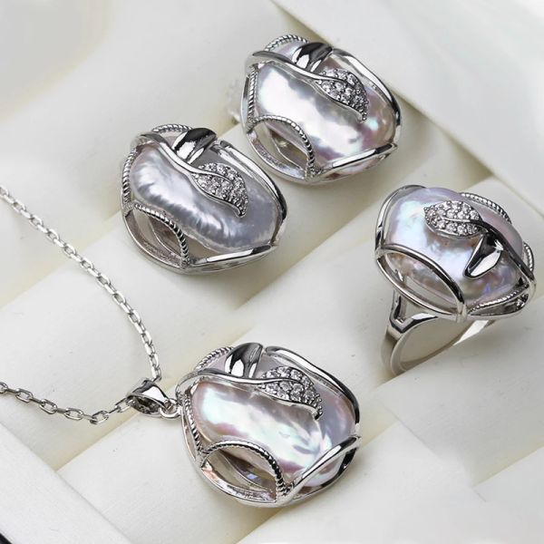 Halsketten natürliche Süßwasserperlen Halskette Ohrringe Sets für Frauen, 925 Silber Real Barock Perlen Halskette Schmucksets feines Geschenk