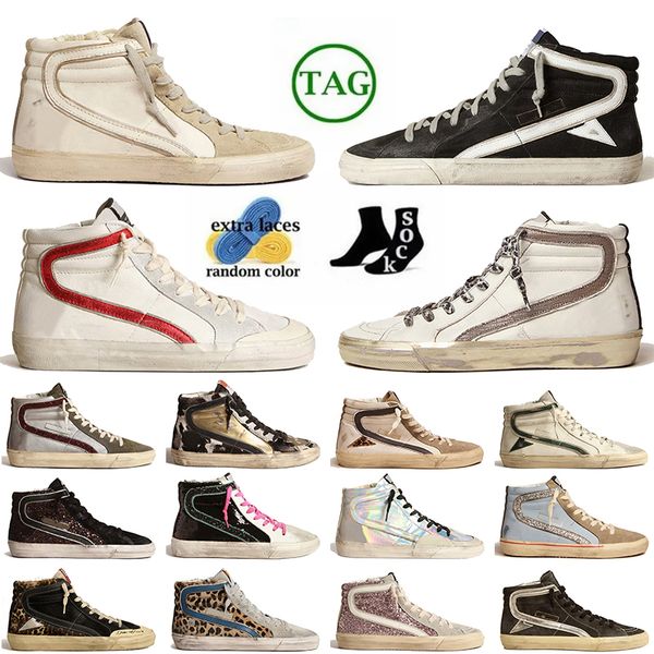 Herren-Trainer, flach, Italien-Marke, Slide, Kalbsleder, Flash-Designer-Glitzer-Schuhe, handgefertigt, Mid-Ball-Star-Obermaterial, Silber-Gold, Vintage-Plateau-Sneaker, sportlich, lässig