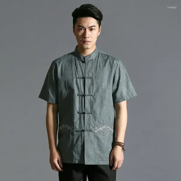 Camisas casuais masculinas 2024 homens linho verde bege branco mandarim colarinho manga curta folha de bambu bordado tops roupas estilo retro chinês