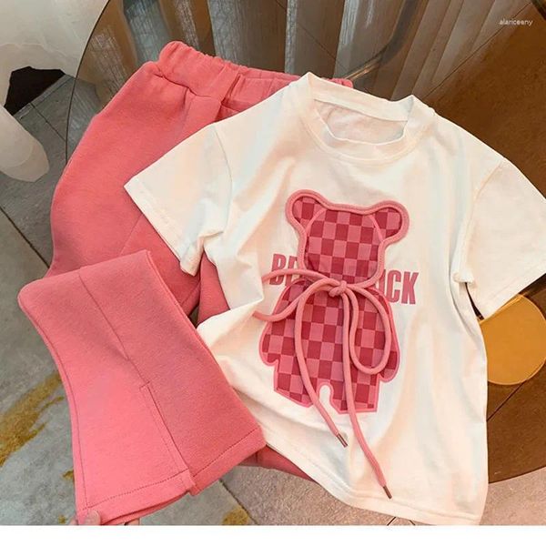 Set di abbigliamento Set di vestiti per ragazze T-shirt con stampa di cartoni animati estivi Pantaloni svasati Top a manica corta per bambini in due pezzi