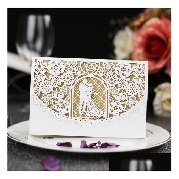 Outros suprimentos de festa festiva elegante noiva e noivo cartão de convite de casamento com envelope moderno oco out laser corte er por dhlm3