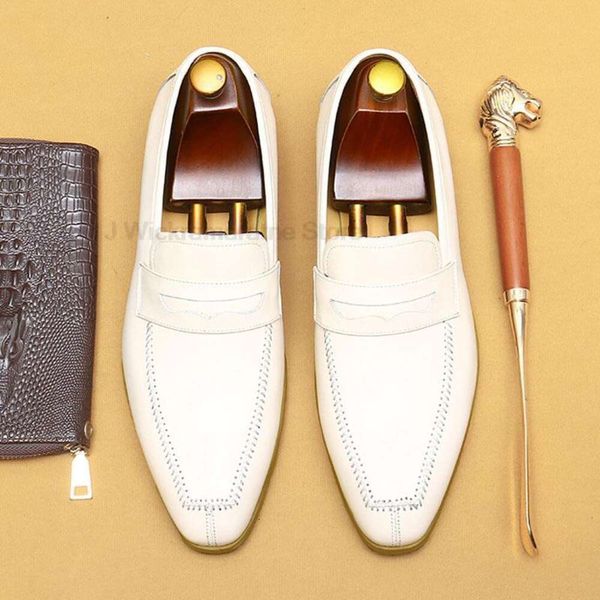 Mocassins masculinos respiráveis de couro genuíno elegante casamento ponta pontiaguda sapato casual branco deslizamento calçado masculino