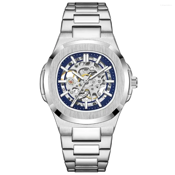 Наручные часы Скелет полые мужские автоматические механические часы стимпанк серебристые синие полностью стальные водонепроницаемые наручные часы мужской механизм часы