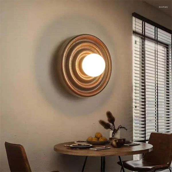 Lâmpada de parede japonesa luz de madeira círculo redondo cinza bola de madeira quarto sala de estar decoração led corredor criativo cabeceira