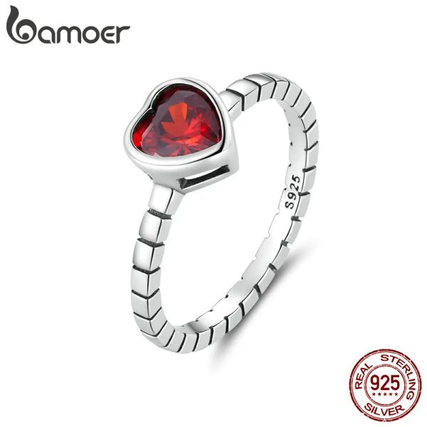 Anelli Bamoer Anello in argento sterling 925 con cuore rosso vintage bordeaux Gioielleria raffinata per le donne, anniversario, regalo di San Valentino