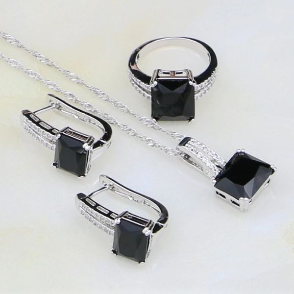 Halskette 925 Silber Schmuck Schwarze Steine Weißer Zirkonia Modeschmuck Sets Für Frauen Jubiläum Ohrringe/Ring/Anhänger/Halskette
