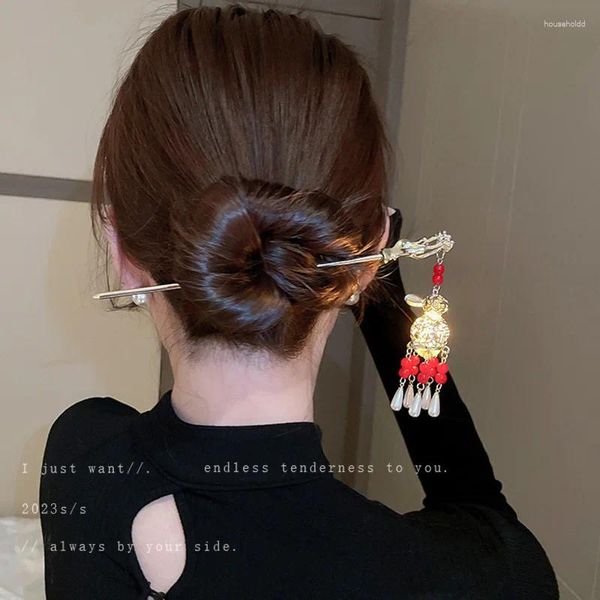 Fermagli per capelli Bastoncini per lanterna cinese a forma di coniglio Accessori Hanfu per donne Bambini Forcella per capelli stile antico