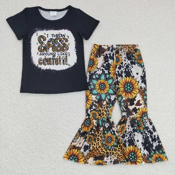 Комплекты одежды оптом, наряд с подсолнухом для малышей, черная рубашка для маленьких девочек, брюки-клеш с принтом коровы, весенне-осенний детский комплект в стиле вестерн