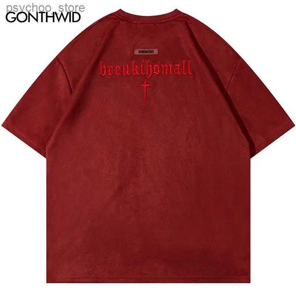 Men's T-Shirts 2023 Suede Tshirt Streetwear Hip Hop Embroidery Cross Letter Punk T Shirts Men Women Summer Harajuku Fashion Casual Tee Tops Red Q240130