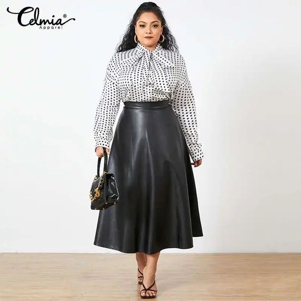 Plus size festa midi saia outono feminino sólido inverno saias de couro do plutônio celmia escritório retro saias longas cintura alta ol saia240127