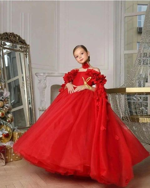 Mädchen Kleider Rote Blume Für Hochzeit 3D-Applikationen Tüll Schulterfrei Kinder Geburtstagsfeier Erstkommunion Weihnachten Ballkleid