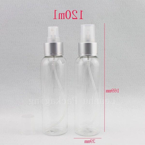 Großhandel 120 ml transparente runde kosmetische Kunststoff-Sprühflasche 120 cc Aluminium-Sprühdüse feiner Nebel Pumpenflaschen Behälter Aeovw