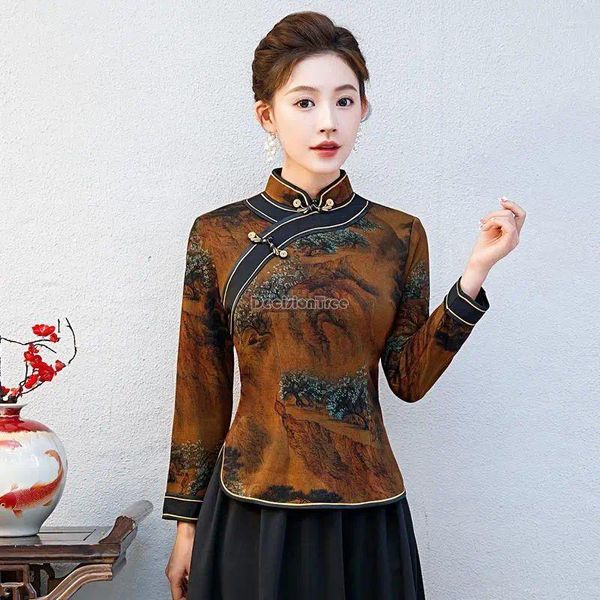 Этническая одежда 2024, Cheongsam, ретро, с длинным рукавом, воротником-стойкой, блузка с цветочным принтом, женская блузка в китайском стиле, весенне-осенний костюм Тан, элегантный топ