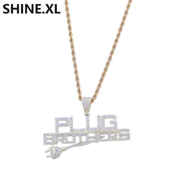 Plugue de hip hop com pingente de carta, colar com pingente banhado a ouro de zircônia completa 14K masculino Bling Street Jewelry346I