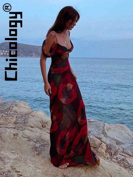 Grundlegende Freizeitkleider Chicology 2022 Damen-Maxikleid mit Chiffon-Aufdruck und schwingendem Kragen, sexy und elegant, hawaiianische Strandresort-Kleidung J240130