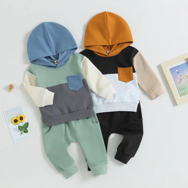 Kleidungssets Citgee Herbst-Outfits für Kleinkinder, Babys, Jungen, Kontrasttasche, gestrickt, langärmelig, Kapuzenpullover, Sweatshirt, Hosen, Herbstkleidung