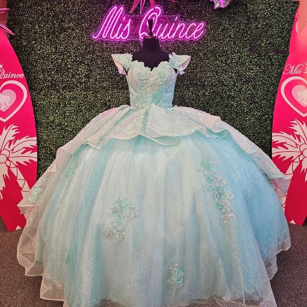 Aqua azul brilhante quinceanera vestidos princesa doce 16 meninas applique rendas contas festa vestido de baile pageant wear 15 vestidos de xv anos
