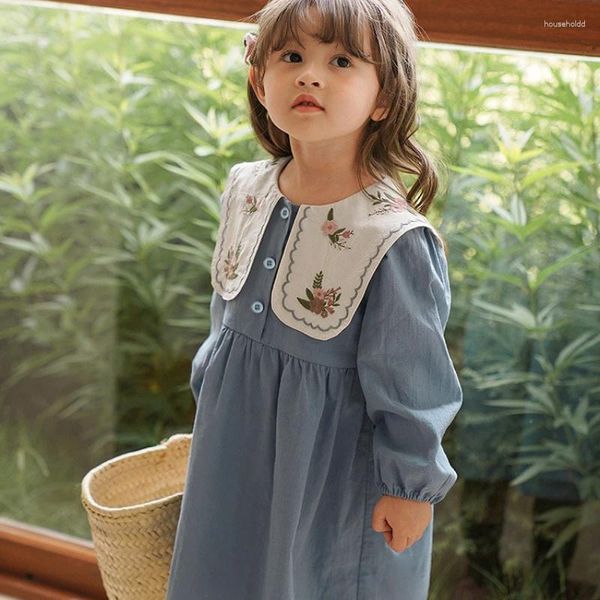 Платья для девочек, платье для маленьких девочек, весенне-осеннее платье принцессы с длинными рукавами и лацканами с вышивкой, модная детская одежда в Корейском стиле для детей от 2 до 7 лет