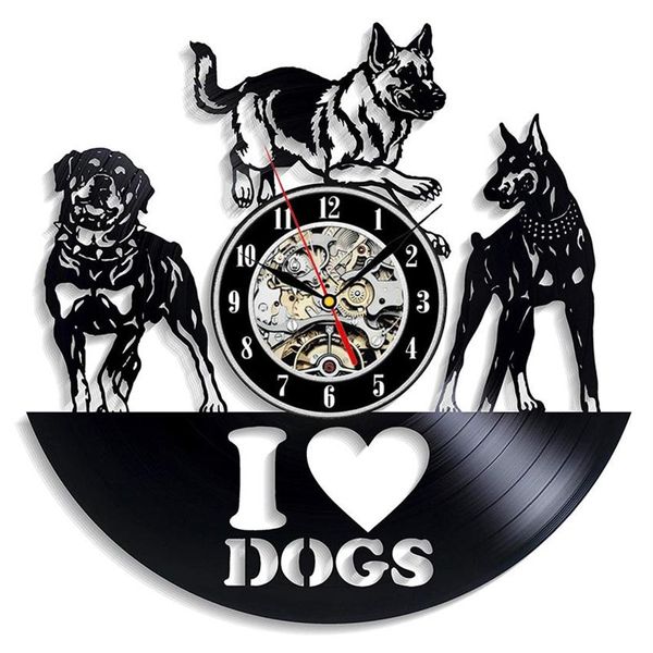 Orologio da parete con disco in vinile Design moderno Amo il cane Animale Orologio da parete in vinile Orologio appeso Decorazioni per la casa Regali per gli amanti dei cani 12 pollici282i