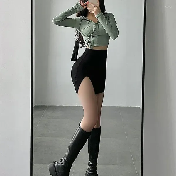 Etek yaz tarafı bölünmüş sargı kalça kadınları Kore Sokak Giyim Yüksek Bel Örme Mini Etek Kadın Seksi Sıska Kısa