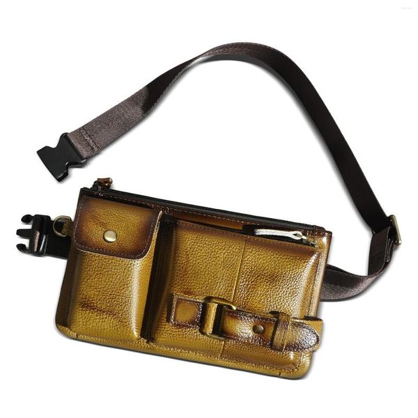 Bel Çantaları Retro Kalın Gerçek Deri Erkek Kahve Crossbody Sling Bag Tasarım Seyahat Sigara Kılıfı Fanny Kemer Erkekler 8135lb