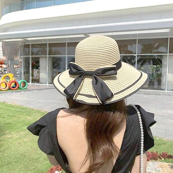 Шляпы с широкими полями, летняя соломенная шляпа с бантом, большая солнцезащитная шляпа для женщин, солнцезащитный козырек, пляжная дорожная кепка, уличная складная элегантная праздничная кепка