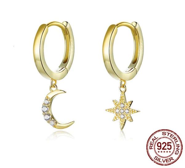 Orecchini bamoer Orecchini pendenti con luna e stella in autentico argento sterling 925 con ciondolo placcato in oro Orecchini Huggies di nuove tendenze SCE785