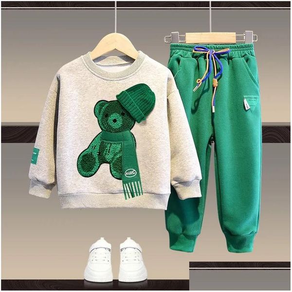 Комплекты одежды Осенний комплект одежды для маленьких девочек и мальчиков, детский спортивный свитер с мультяшным медведем, топ и штаны, костюм из двух предметов, хлопок Tra Dhkai