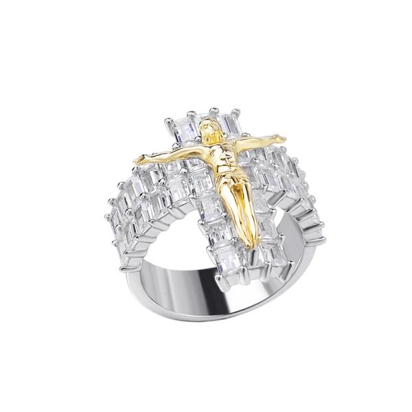 Anelli credenze religiose di Jene Jesus Cross Ring Gold e ghiacciato Indice da uomo Anello di dito creativo Baguette di gioielli retrò cz Anelli