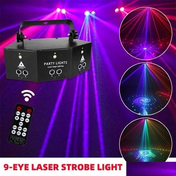 Andere festliche Partyzubehör 9-Augen-RGB-Disco-DJ-Lampe DMX-Fernbedienung Strobe Bühnenlicht Halloween Weihnachtsbar LED-Laserprojektion Dhjyk