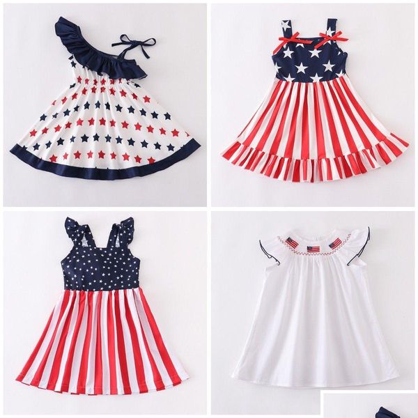 Vestidos da menina Meninas Vestidos Exclusivo Girlymax Dia da Independência Jy 4Th Baby Boutique Roupas Bordadas Smocked Leite Seda Estrela Tecido Dhtqm