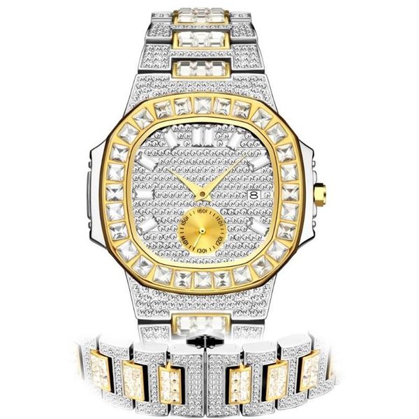 Наручные часы в стиле хип-хоп, золотые часы, мужские блестящие мужские часы с бриллиантами, мужские модные кварцевые наручные часы, водонепроницаемые, со льдом, серебро Steel233J